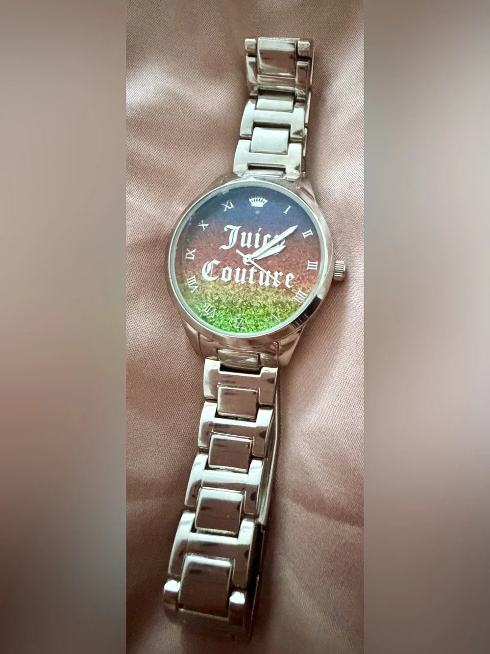 Juicy Couture Silver Band Glitter Ombre Rainbow Dial Women’s Watch in Gift Box